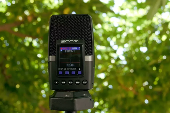 zoom h2e bajo las moreras grabando naturaleza sin antivientos